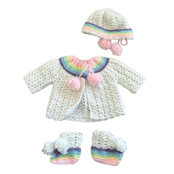 Handmade Other - Handknit Crochet Baby Vintage Rainbow Sweater, Hat & Bootie Set